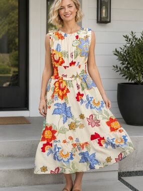 Creamy Floral Smocked Midi Dress
